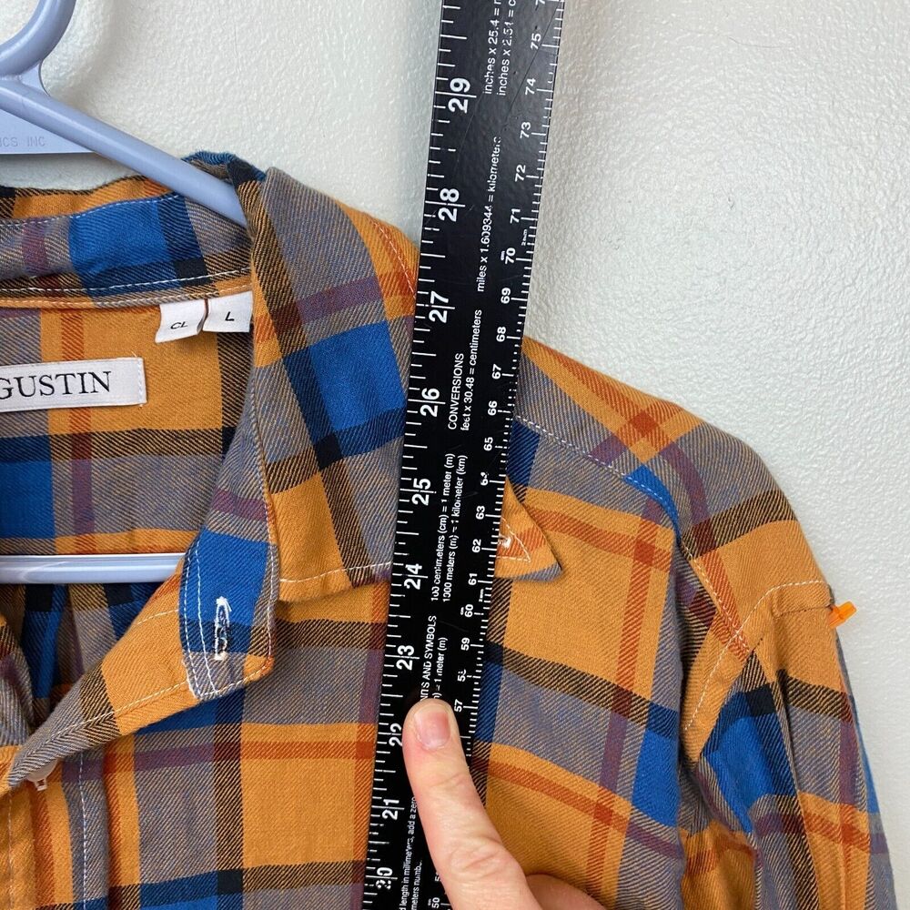 Gustin Shirt Mens L Orange Long Sleeve Button Flannel Plaid CL Missing Button - Picture 11 of 13